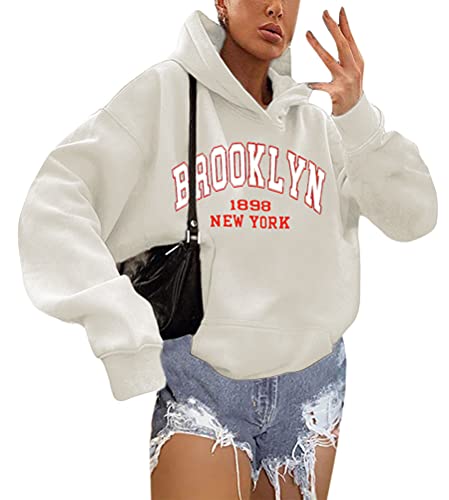 shownicer Kapuzenpullover Für Damen Herbst Winter Hoodie Letter Print Sweatshirt Lose Casual Langarm Hip Hop Langarmshirt Pullover mit Kapuze Sport Outerwear X1 Weiß L von shownicer