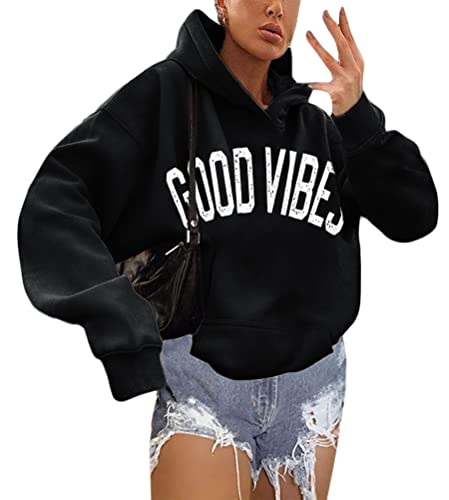 shownicer Kapuzenpullover Für Damen Herbst Winter Hoodie Letter Print Sweatshirt Lose Casual Langarm Hip Hop Langarmshirt Pullover mit Kapuze Sport Outerwear Y2 Schwarz M von shownicer