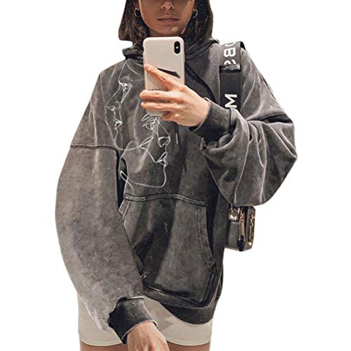 shownicer Kapuzenpullover Für Damen Herbst Winter Hoodie Letter Print Sweatshirt Lose Casual Langarm Hip Hop Langarmshirt Pullover mit Kapuze Sport Outerwear Z2 Grau M von shownicer