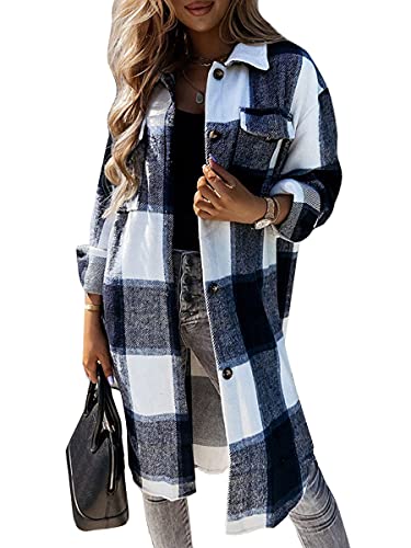 shownicer Kariertes Taschen Knöpfen Langarm Oversize Bluse Mantel Hemdjacke Holzfällerjacke Damen Mode Z5 Blau M von shownicer