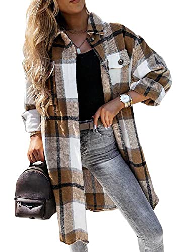 shownicer Kariertes Taschen Knöpfen Langarm Oversize Bluse Mantel Hemdjacke Holzfällerjacke Damen Mode Z5 Khaki S von shownicer