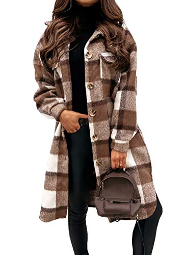 shownicer Kariertes Taschen Knöpfen Langarm Oversize Bluse Mantel Hemdjacke Holzfällerjacke Damen Z1 Kaffee S von shownicer