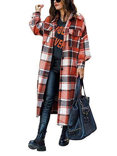 shownicer Kariertes Taschen Knöpfen Langarm Oversize Bluse Mantel Hemdjacke Holzfällerjacke Damen Z4 Orange M von shownicer