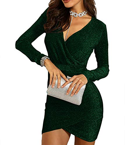 shownicer Kleider Damen Glänzend Glitzer Minikleider Elegant V-Ausschnitt Bodycon Kleid Stretchy Partykleider Cocktailkleid Abendkleider Grün M von shownicer