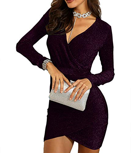 shownicer Kleider Damen Glänzend Glitzer Minikleider Elegant V-Ausschnitt Bodycon Kleid Stretchy Partykleider Cocktailkleid Abendkleider Violett M von shownicer