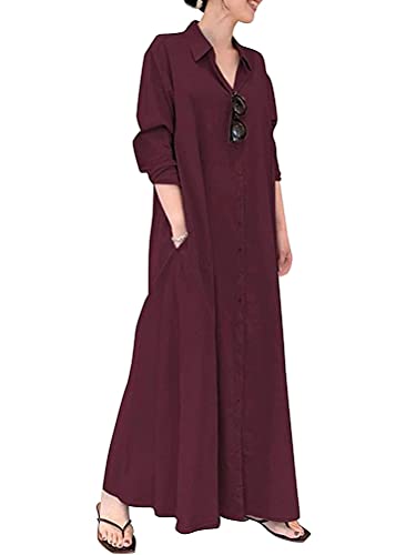 shownicer Kleider Damen Lang Sommer Elegant Blusen Langarm V-Ausschnitt Longshirts Lose Tunika Maxikleid Knopf Blouse Kleid mit Taschen X1 Rot M von shownicer