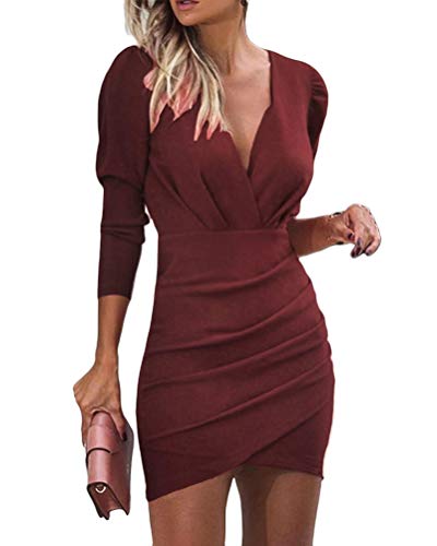 shownicer Kleider Damen Sexy Bodycon V-Ausschnitt Langarm Minikleider Wickelkleid Elegant Abendkleider Cocktailkleid Partykleider Ballkleid A Weinrot M von shownicer