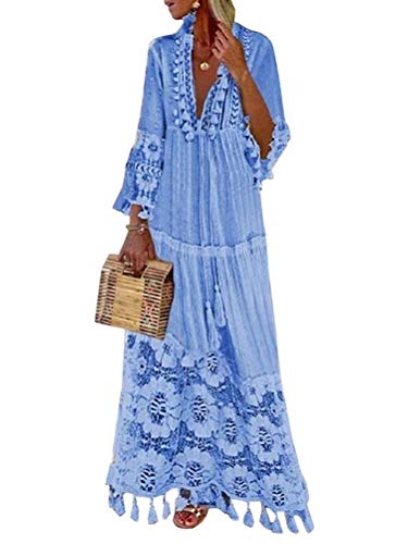 shownicer Langes Kleid Damen 3/4 Ärmel Floral Spitzenkleid Sommerkleider V-Ausschnitt Strandkleid Boho Vintage Party Maxikleid Blau 3XL von shownicer