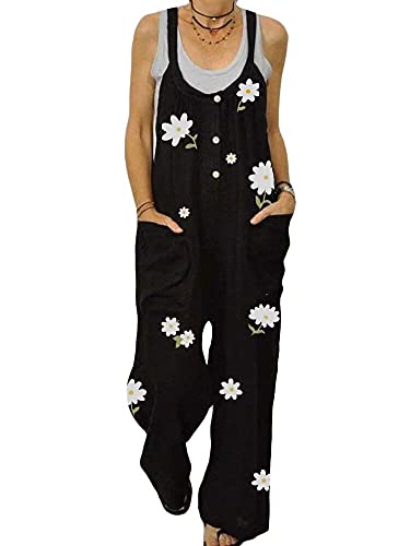 shownicer Latzhose Damen Jumpsuit mit Träger Taschen Sommer Retro Overalls Lose Hose Lange Baggy Blumen Playsuit Romper Sommerhose B Schwarz L von shownicer