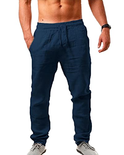 shownicer Leinenhosen Herren Freizeithose Lang Leichte Sommerhose Loose Fit Strandhose Lässige Leinen Hosen mit Seitentaschen für Urlaub Strand Alltag A Navy XXL von shownicer