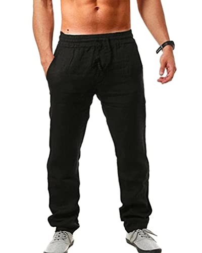 shownicer Leinenhosen Herren Freizeithose Lang Leichte Sommerhose Loose Fit Strandhose Lässige Leinen Hosen mit Seitentaschen für Urlaub Strand Alltag A Schwarz XL von shownicer