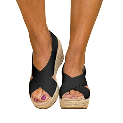 shownicer Plateau Sandalen Damen Espadrilles Casual Keilsandalen Frauen Sommer Faux Leder mit Knöchelriemen Plattform Offene Schuhe Flip Flops Freizeit Sommerschuhe Schwarz 43 EU von shownicer