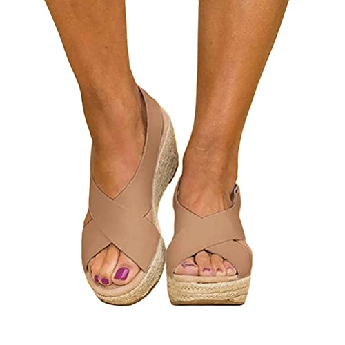 shownicer Plateau Sandalen Damen Espadrilles Casual Keilsandalen Frauen Sommer Faux Leder mit Knöchelriemen Plattform Offene Schuhe Flip Flops Sommerschuhe Beige 41 EU von shownicer