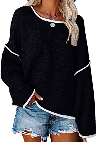 shownicer Pullover Damen Oversize Casual Elegant Strickpullover Grobstrickpullover Sweatshirts Pulli V-Ausschnitt Langarm Lose Oberteile Winter Schwarz M von shownicer