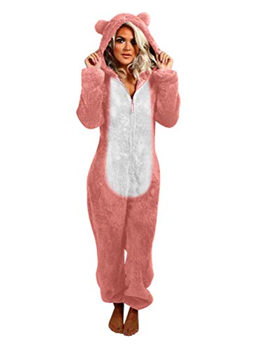 shownicer Schlafanzug Damen Jumpsuit Einteiler Winter Warm Fleece Kuschelig Lang Schlafoverall Pyjama Hausanzug Mit Kapuze Reißverschluss Rosa 3XL von shownicer