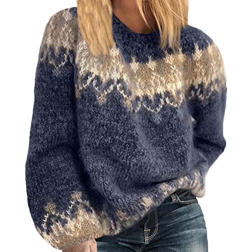 shownicer Strickpullover Damen Oversize Pullover Grobstrick Winterpullover Strickpulli Sweater Lässig Outwear Casual Elegant Einfarbig Blau L von shownicer