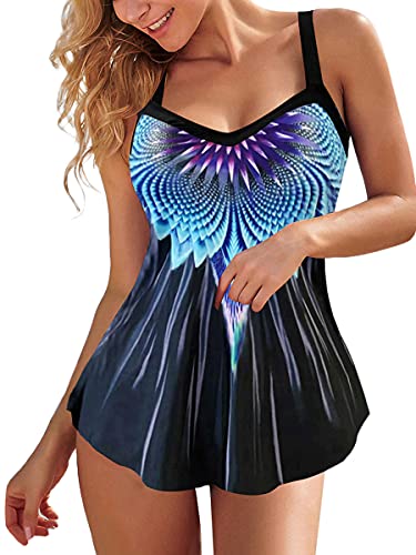 shownicer Tankini Damen Bauchweg Bademode Set Swimsuit Zweiteiliger Bademode mit Hot Pants Bikini Set Strand Schwimmanzug Badeanzüge E Blau XXL von shownicer