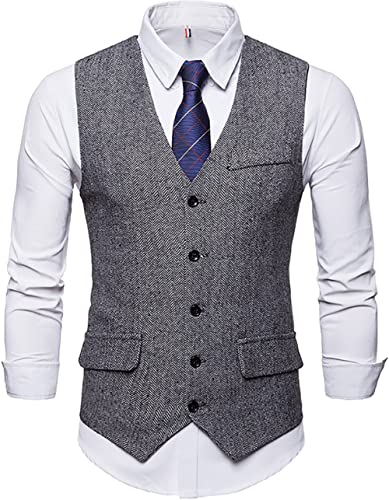 Showu Herren Paisley Weste Slim Fit Geschäft Hochzeit Elegant Anzugweste Stil Blazer (Fischgrätenmuster/Schwarz-Weiß3, Small) von Showu