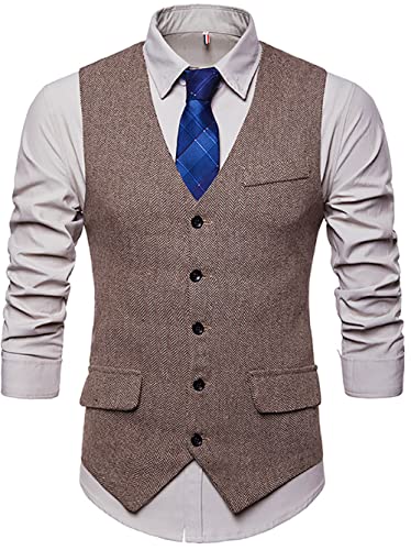 Showu Herren Paisley Weste Slim Fit Geschäft Hochzeit Elegant Anzugweste Stil Blazer (Fischgrätenmuster/Khaki3, X-Large) von RONGKIM