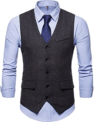 Showu Herren Paisley Weste Slim Fit Geschäft Hochzeit Elegant Anzugweste Stil Blazer (Fischgrätenmuster/Schwarz3, Large) von Showu