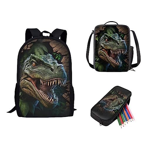 Showudesigns 3-teiliges Schulranzen-Set für Kinder, Rucksack und Brotdose, lange Riemen, Federmäppchen für Mädchen und Jungen, Dinosaurier 2, Einheitsgröße von Showudesigns