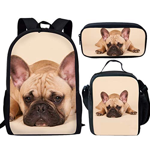 Showudesigns 3-teiliges Schulranzen-Set für Kinder, Rucksack und Brotdose, lange Riemen, Federmäppchen für Mädchen und Jungen, Französische Bulldogge Set-2, Einheitsgröße, Kinderrucksack von Showudesigns