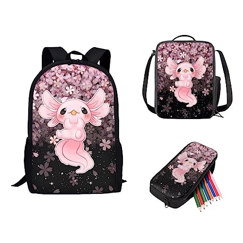 Showudesigns 3-teiliges Schulranzen-Set für Kinder, Rucksack und Brotdose, lange Riemen, Federmäppchen für Mädchen und Jungen, Sakura Axolotl, Einheitsgröße von Showudesigns