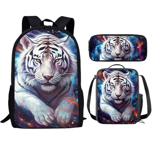 Showudesigns 3-teiliges Schulranzen-Set für Kinder, Rucksack und Lunchbox, langer Riemen, Federmäppchen, Mädchen und Jungen, Ein Galaxy-Tiger, Einheitsgröße von Showudesigns