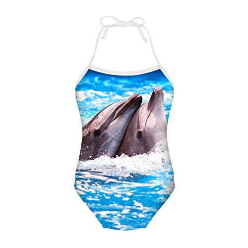 Showudesigns Badeanzug mit Tiermuster, Einteiler für Mädchen, verstellbarer Hi-Neck Gr. 7-8 Jahre, Delfin von Showudesigns