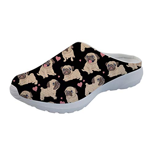 Showudesigns Damen Casual Mesh Slipper Animal Print Slip On Schuhe Schuhe Gargen Clog, Mops Hund schwarz, 41 EU von Showudesigns