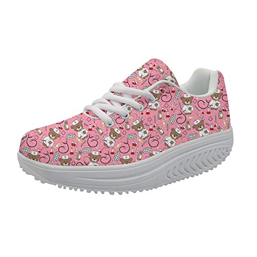 Showudesigns Damen Fashion Plateau Schnürer Sneakers mit Keilabsatz Schuhe Fitnessschuhe Rosa Cartoon Bear Pink EU 37 von Showudesigns