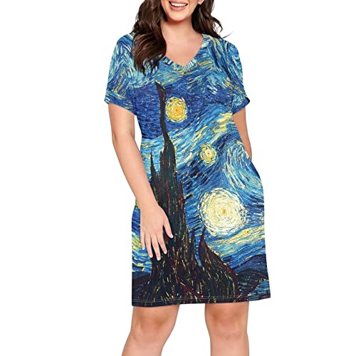 Showudesigns Damen Sommer Casual T Shirt Kleider V Ausschnitt Kleid Sonnenkleider, Van Gogh Sternenhimmel, XXXXL von Showudesigns