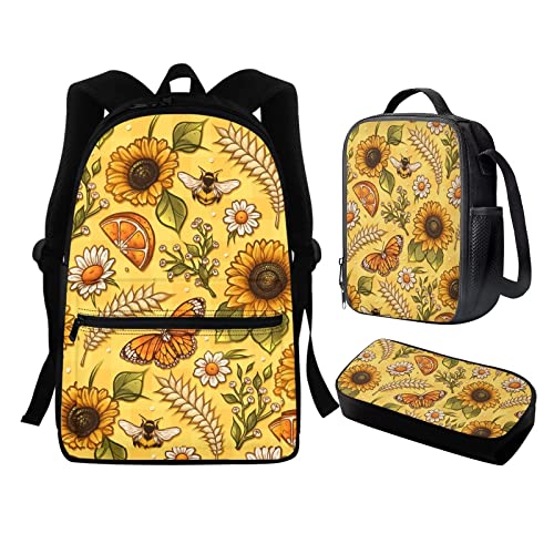 Showudesigns Jungen Schultasche und Lunchbox Federmäppchen 3 in 1, Schmetterling Sonnenblume, Einheitsgröße von Showudesigns