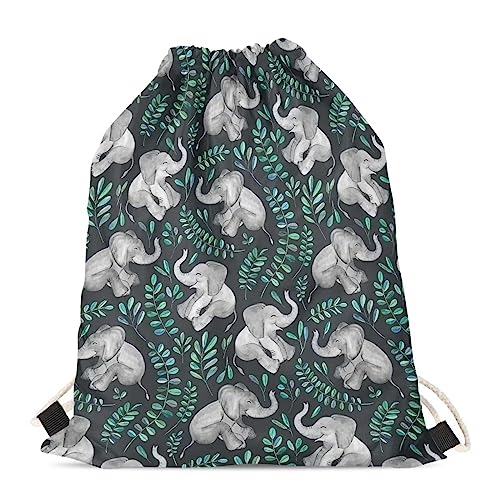 Showudesigns Kinder Outdoor Sport Fitnessstudio Kordelzug Rucksack Tier Dinosaurier Print, Elefantenblatt, Einheitsgröße, Tier von Showudesigns