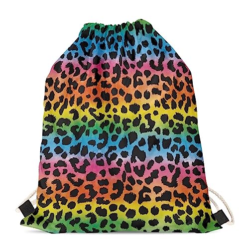 Showudesigns Kinder Outdoor Sport Fitnessstudio Kordelzug Rucksack Tier Dinosaurier Print, Farbenfroher Leopard, Einheitsgröße, Tier von Showudesigns