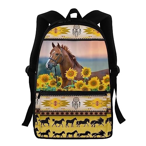 Showudesigns Kinder Rucksack High School Mädchen Jungen Tierdruck Kinder Schultasche Packs Teenager College Büchertasche Wasserabweisend Unisex Casual Reise Daypack Blau, Pferd Sonnenblume, Einheitsgröße von Showudesigns