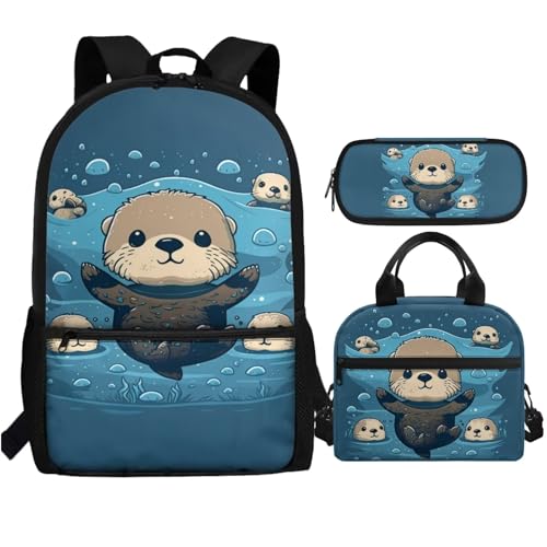 Showudesigns Kinder-Rucksack mit Lunchbox für Mädchen 8-10 10-12 Jungen Federmäppchen Set 3 in 1, Seeotter, Einheitsgröße Showudesigns Kinder-Rucksack mit Lunchbox für Mädchen 8-10 10-12 Jungen Federmäppchen Set 3 in 1, Seeotter, Einheitsgröße von Showudesigns