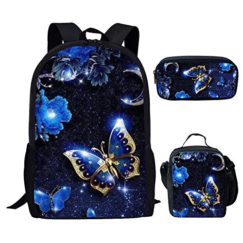 Showudesigns Kinder Schulrucksack-Set mit Lunchtasche für Jungen Mädchen Elementary Bookbag, Schmetterling Neonblau, Einheitsgröße, Kinderrucksack von Showudesigns