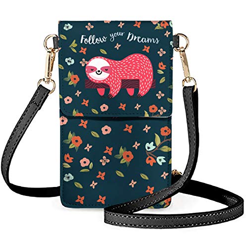 Showudesigns Kleine Handy-Geldbörse mit Touchscreen-Fenster, Leder, Crossbody-Tasche mit Riemen, Faultier Blume, Einheitsgröße von Showudesigns