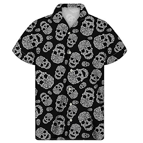 Showudesigns Lässige knöpfbare kurzärmelige Hawaii-Hemden für Herren Aloha Beach Top 2XS-4XL Gr. L, Totenkopf schwarz von Showudesigns