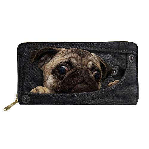 Showudesigns Lange Geldbörse mit Tiermotiv, Leder, Clutch, Geldbörse für Damen, Business, Arbeit, Mops Hund 1, Einheitsgröße, Casual von Showudesigns