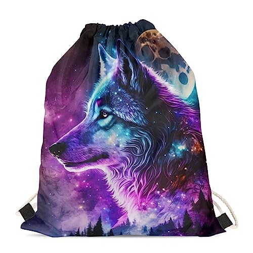 Showudesigns Lustiger Tier-Design Rucksack mit Kordelzug für Erwachsene und Kinder auf Reisen, Cooles Galaxy-Wolf-Design, Einheitsgröße, Tier von Showudesigns