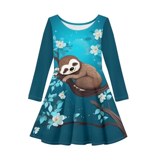 Showudesigns Mädchenkleid, 3–16 Jahre, langärmelig, A-Linie, fließendes Midikleid, Faultier-Blumen, 11-12 Jahre von Showudesigns
