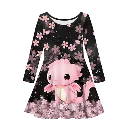 Showudesigns Mädchenkleider 3–16 Jahre, langärmeliges Kleid, gedrehtes Stretch-Kleid mit A-Linie, Eine Axolotl-Blume, 15-16 Jahre von Showudesigns