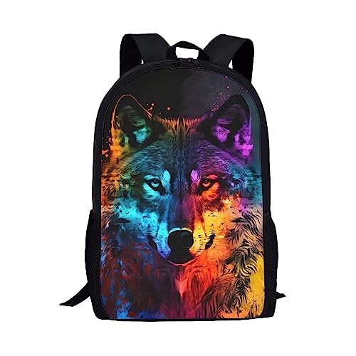 Showudesigns Mehrfarbiger Graffiti-Rucksack für Teenager, Jungen, Mädchen, Polyestergewebe, Farbenfroher Wolf, Einheitsgröße, Gepäck-Set von Showudesigns