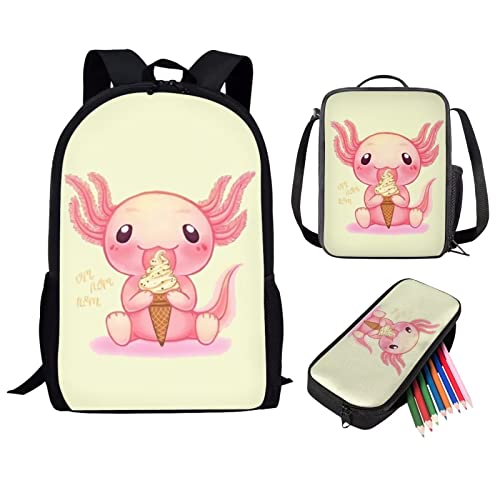 Showudesigns Niedlicher bedruckter Tier-Kinder-Schulrucksack mit Flaschentasche, Axolotl Eiscreme, Einheitsgröße, Klassisch von Showudesigns