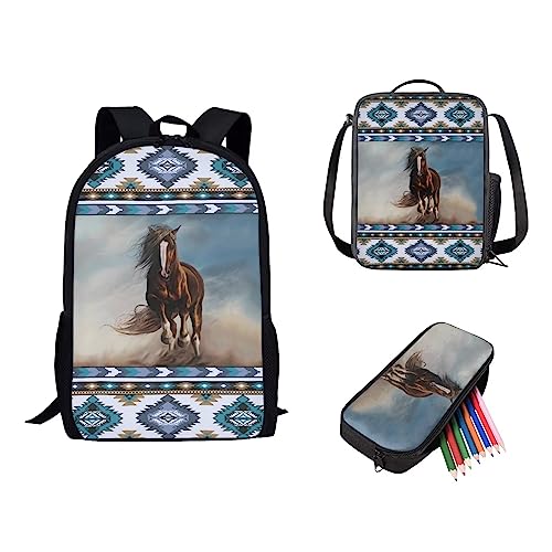 Showudesigns Netter Druck Tier Kinder Schulrucksack mit Flaschentasche, Boho Pferd, Einheitsgröße von Showudesigns