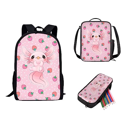 Showudesigns Netter Druck Tier Kinder Schulrucksack mit Flaschentasche, Erdbeer-Axolotl, Einheitsgröße von Showudesigns