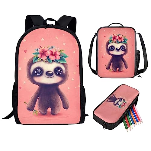 Showudesigns Netter Druck Tier Kinder Schulrucksack mit Flaschentasche, Faultier Blume, Einheitsgröße von Showudesigns