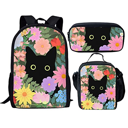 Showudesigns Netter Druck Tier Kinder Schulrucksack mit Flaschentasche, Katze Blume, Einheitsgröße, Klassisch von Showudesigns